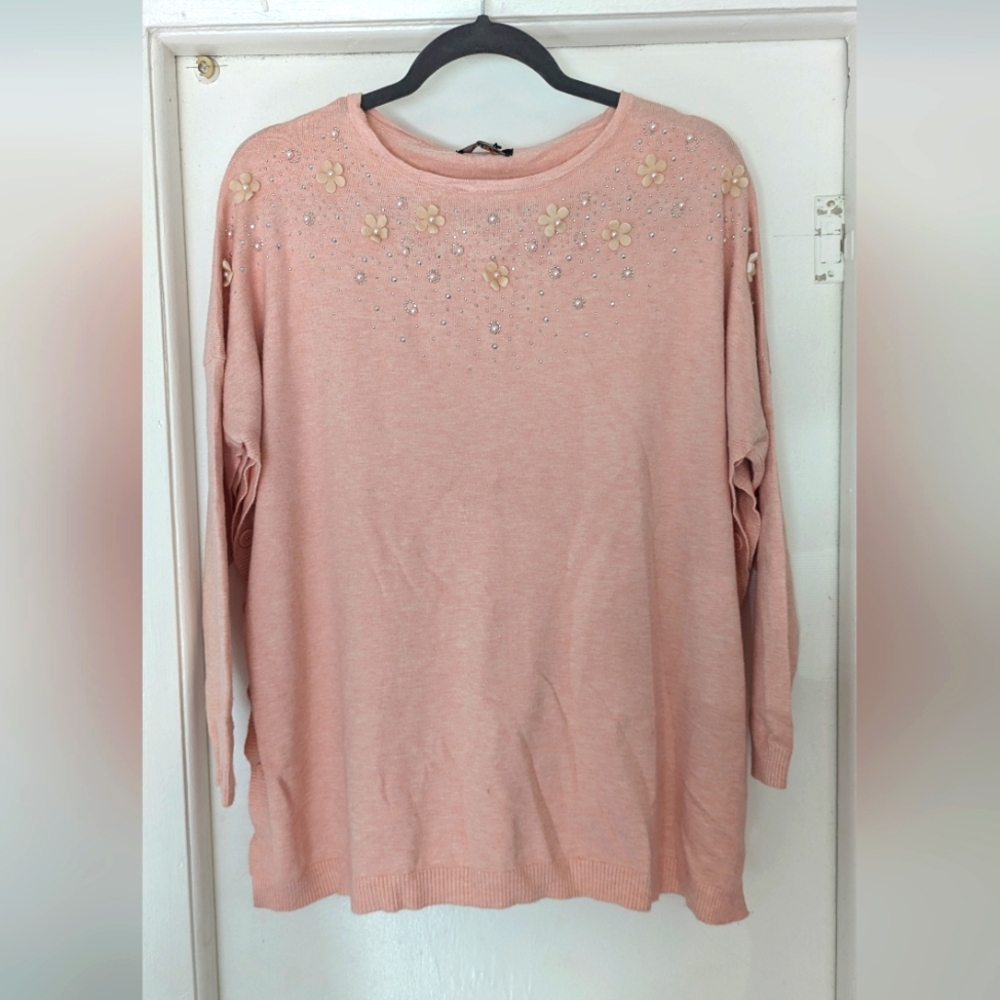Pink Dolman 3D Floral Soft Knit Pullover Sweaters
